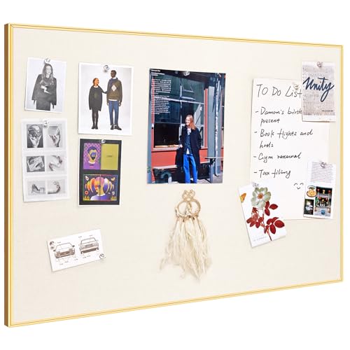 Fabric Bulletin Board 30x20 inches, Golden Aluminum Framed Wall Pin Board - color: Oatmeal White Fabric & Golden Frame, size: 29.5" x 19.7"