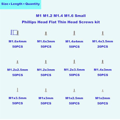 600PCS 12 Kinds M1 M1.2 M1.4 M1.6 Micro Phillips Machine Screws Kit