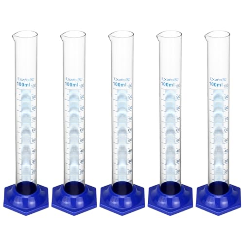 QWORK Borosilicate Glass Graduated Cylinder Set - 5PCS, 100ml, Heat and Chemical Resistant with Shatter-Proof Design, 3mm Wall Thickness