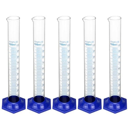QWORK Borosilicate Glass Graduated Cylinder Set - 5PCS, 100ml, Heat and Chemical Resistant with Shatter-Proof Design, 3mm Wall Thickness