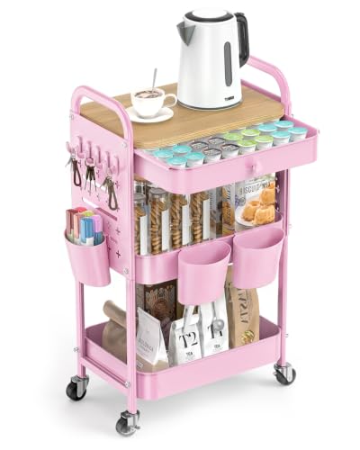 ALVOROG 3 Tier Metal Rolling Cart with Drawer,Wood Top,Pegboards,Pink - color: Cherry Blossom Pink