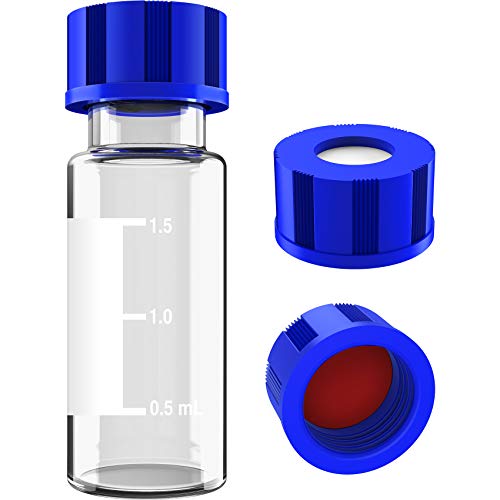 2mL Autosampler Vials, 9-425 HPLC Vials with Writing Area and Graduations, Screw Cap, Red PTFE & White Silicone Septa, 100 Pcs - color: Clear Vial & Red PTFE Septa