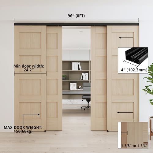Heavy Duty Bypass Sliding Closet Door Track Hardware 96", 8 FT Aluminium Track Rail Set, Smoothly and Quietly, for 4 Door System,Black - size: 8FT-B-4Door