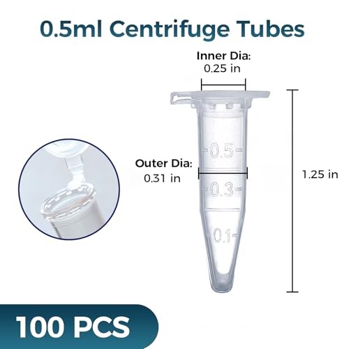 100Pcs 0.5ml Conical Centrifuge Tubes with Snap Cap, Small Sterile Microcentrifuge Tube Test Vials Plastic Sample Storage Container for Lab - size: 0.5ML-100PACK
