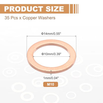 PATIKIL 35PCS M10 Copper Washers, M10x14x1mm Copper Crush Washer Metric Flat Washers Sealing Washers Assortment Kit Oil Drain Plug Gasket Ring for Automotive Battery Vehicles Screws Bolt - size: M10x14x1mm