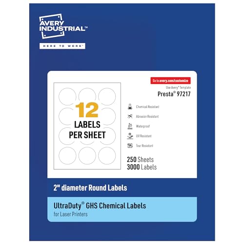 Avery® UltraDuty® GHS Labels, Waterproof, 2" White Round Labels, 3000 Total, Use with Laser Printers - size: 2", style: 3,000 labels