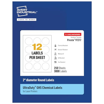 Avery® UltraDuty® GHS Labels, Waterproof, 2" White Round Labels, 3000 Total, Use with Laser Printers - size: 2", style: 3,000 labels