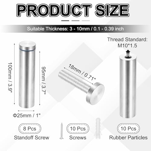 PATIKIL 1x3.9" Standoff Screws, 8 Pack Stainless Steel Stand Off Wall Mounts Wall Sign Mounting Hardware Advertising Standoff Nail for Hanging Acrylic Signs Picture Frame, Silver - size: 1x3.9"