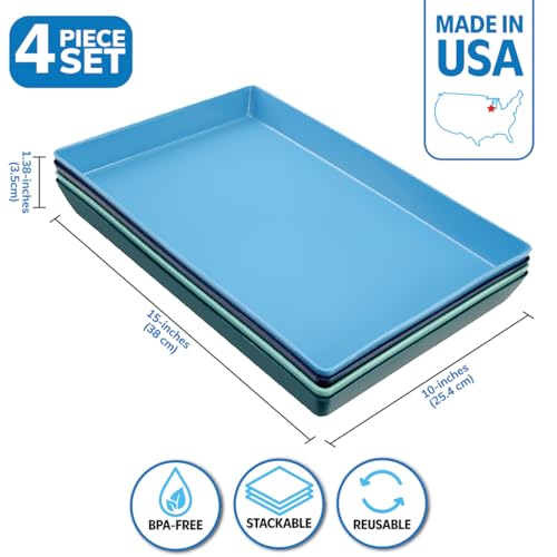 US Acrylic Coastal Plastic Serving Trays (Set of 4) 15” x 10” | Large Unbreakable Reusable Rectangular Party Platters | Serve Appetizers, Fruit, Veggies, & Desserts | BPA-Free & Made in USA - color: Coastal