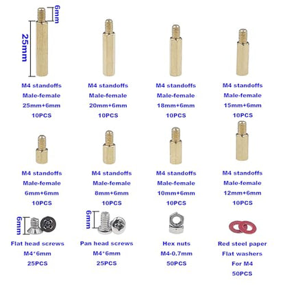 230PCS M4 Brass Male-Female Hex Standoffs, Screws Nuts & Washers Kit - size: M4