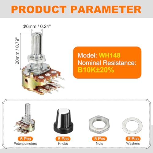 MECCANIXITY 5 Set WH148 B10K Ohm Potentiometer Kit 20mm Shaft White - size: 20mm, style: B10K