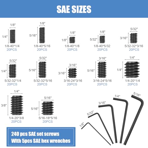 560PCS 25 Sizes Metric & SAE Set Screw Assortment Kit, 12.9 Alloy Steel - size: 560PCS