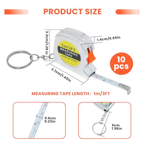10 Pcs Mini Tape Measure, 3FT/1M Retractable Pocket Etractable Mini Measuring Tape Keychains with Stable Slide Lock for DIY Projects Office Home Project Daily Use