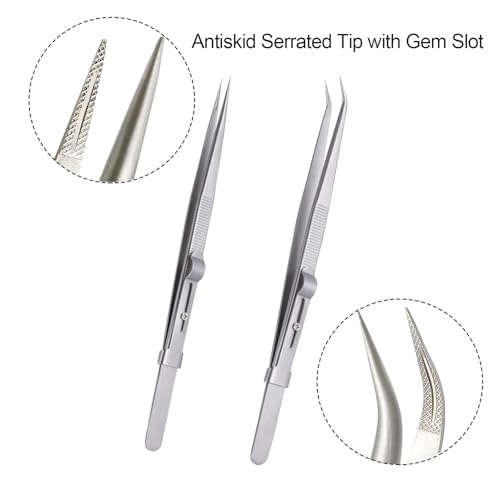 2Pcs Professional Diamond Tweezers Gem Stone Tweezers Jewelry Tweezers Stainless Steel Slide Locking Non-slip Pointed Tip Tweezers with Slot for Jewelers Making