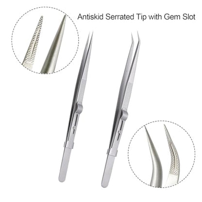 2Pcs Professional Diamond Tweezers Gem Stone Tweezers Jewelry Tweezers Stainless Steel Slide Locking Non-slip Pointed Tip Tweezers with Slot for Jewelers Making
