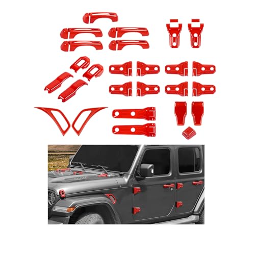 CheroCar 43PCS Full Set Exterior Trim Kit Fit for 2018-2026 Jeep Wrangler JL 4Door Red Door Handle,Hood Hinge,Left Right Door Hinge,Tailgate Handle,Spare Tire Bracket,Fender Vent Cover Trim - color: Red