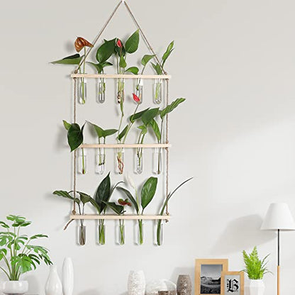 YIBOT Plant Propagation Stations with Wooden Stand 15 Glass Test Tubes Vase - color: Beige, size: 14"L x 14"W x 35"H