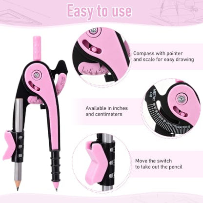 Zonon 2 Pcs Protractor and Compass Set, Swing Arm Protractor, Pink Clear - color: Pink Clear