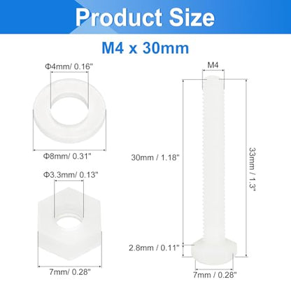 uxcell 300 Pcs/100 Sets Nylon Hex Bolts, M4 x 30mm Plastic Full Threaded Hex Head Screws Bolts and Nuts with Flat Washers for Machinery Electronics Industrial Accessories, White - size: M4 x 30mm