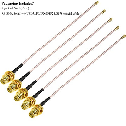 TUOLNK 5PCS RG178 U.FL IPX to RP-SMA Female Pigtail Coax Cable, Low Loss SMA IPX-1 Extension Antenna Coax Cable for Antenna, LAN Devices, Video, Mini PCI 6inch(15cm) - size: 6inch