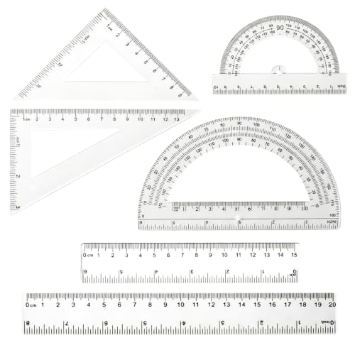 6PCS Plastic Ruler, Triangular Ruler & Protractor Set for School, Office