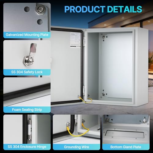 16x12x8 NEMA 4X Electrical Enclosure Metal Outdoor Enclosure Box - size: 16"H × 12"W × 8"D