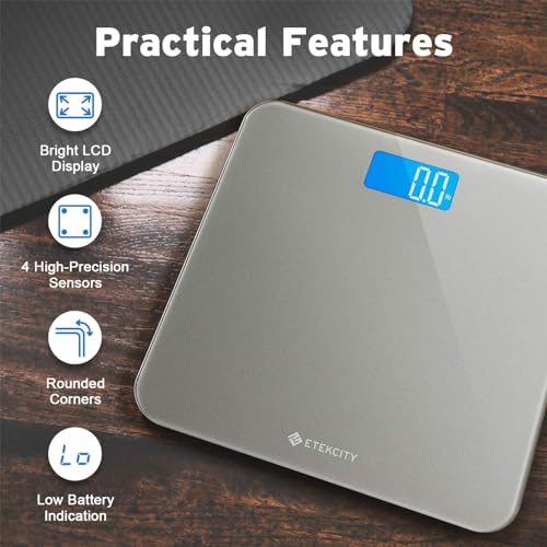 Etekcity Digital Bathroom Scale for Body Weight, Tempered Glass, 400 lbs - color: Light Grey, size: 11.8 x 11.8 inches