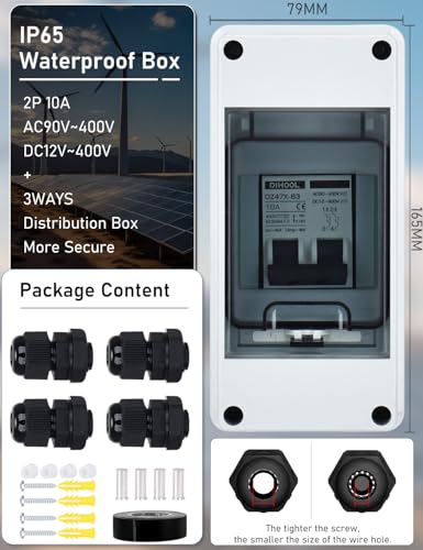 DIHOOL AC DC Circuit Breaker with IP65 Din Box for Solar Systems, 10 Amp 2 Pole 12V-400V, Non Polarized, Solar Panel Disconnect Switch, PV Array Shut Off Isolator - color: 10 Amp UV-Proof