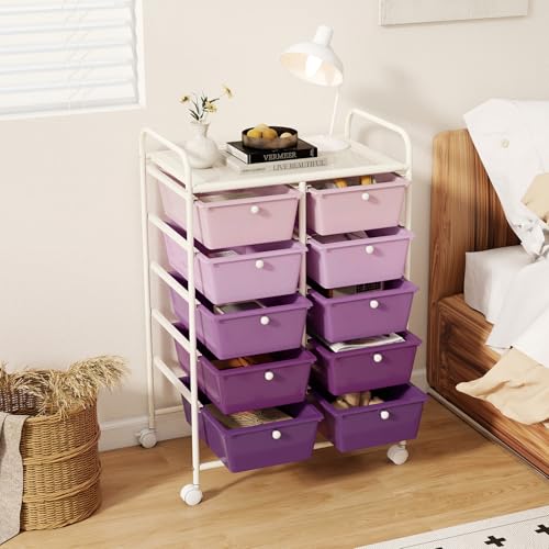 COSTWAY 10 Drawer Rolling Storage Cart, Utility Cart with Lockable Wheels - color: Purple Gradient, size: 10 Drawer