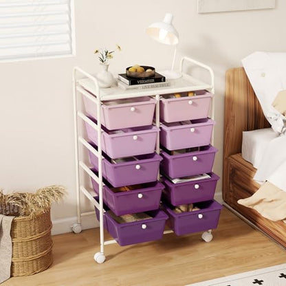 COSTWAY 10 Drawer Rolling Storage Cart, Utility Cart with Lockable Wheels - color: Purple Gradient, size: 10 Drawer