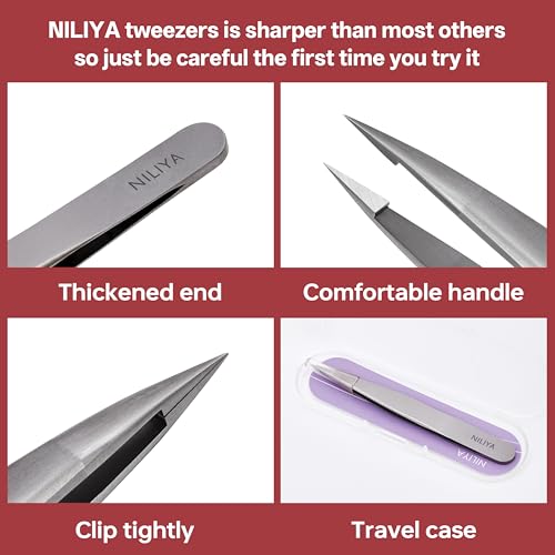 Pointed Tweezers for Women Facial Hair, Professional Fine Point Eyebrow Tweezers with Comfortable Handle, Ingrown Hair and Splinter Removal, With Travel Case - style: Pointed