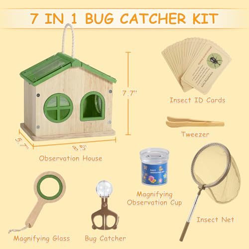 SainSmart Jr. Bug Catcher for Kids - Wooden Bug Habitat with Magnified Viewer, Butterfly Net, Observation Box, Tweezers & 15 Cards, Outdoor Toys & STEM Toys for Boys & Girls Ages 3+, Green - color: Green