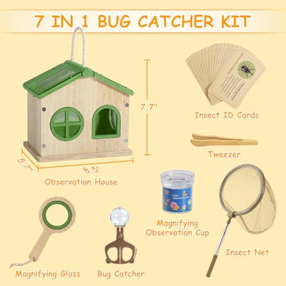 SainSmart Jr. Bug Catcher for Kids - Wooden Bug Habitat with Magnified Viewer, Butterfly Net, Observation Box, Tweezers & 15 Cards, Outdoor Toys & STEM Toys for Boys & Girls Ages 3+, Green - color: Green