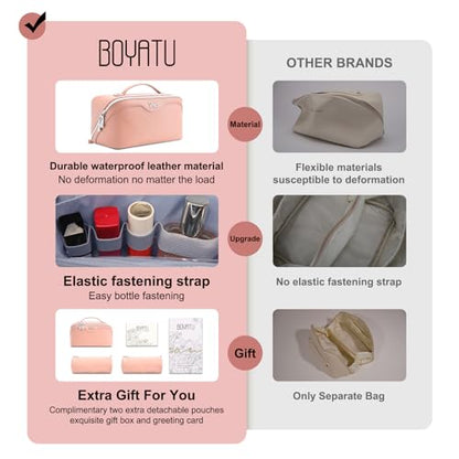 BOYATU Travel Makeup Bag Organizer Cosmetic Bag: 3 Pcs Set Make up Bags for Women with Handle - Waterproof Vegan Leather Toiletry Bags Travel Essentials Pouch with Compartments (C-05-Pink) - color: 04-B-Pink