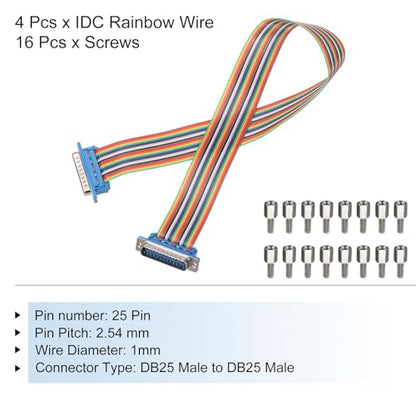 MECCANIXITY 4 Pcs IDC Rainbow Wire Flat Ribbon Cable DB25 Male to DB25 Male 19.7 Inch Length 2.54mm Pitch Breadboard Jumper Wires for Electronic Projects - size: 19.7 Inch, style: DB25 Male to DB25 Male