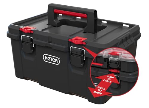 Keter Stack N' Roll Tool Box, Heavy-Duty Portable Tool Storage Case with Removable Utility Tray, Metal Latches, Safety Lock System and Padlock-Ready Design - color: Black/Red, size: Tool Box