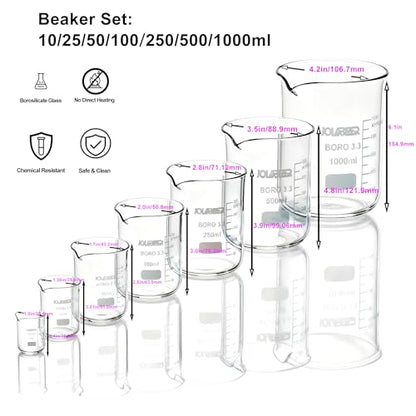 JOLABEAR Glass Beaker Set, 7 Sizes 10-1000 mL - size: 10-1000ml 7pcs