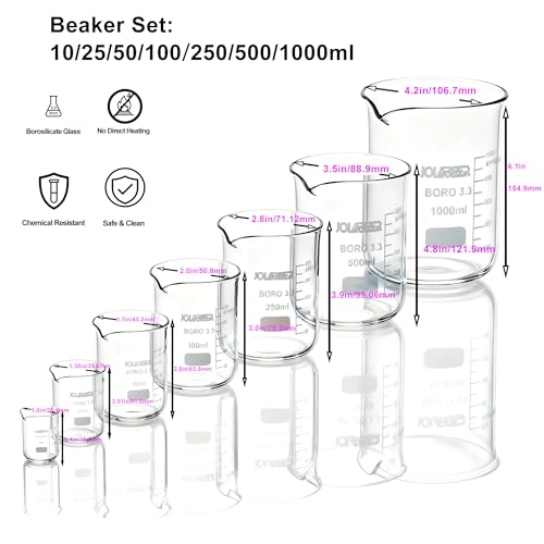 JOLABEAR Glass Beaker Set, 7 Sizes 10-1000 mL - size: 10-1000ml 7pcs