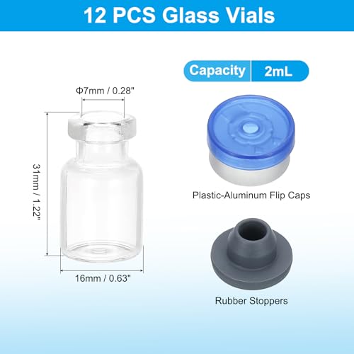 PATIKIL 12pcs 2ml Clear Borosilicate Glass Sample Vials with Aluminum Plastic Cap and Rubber Stopper for Lab Solid Liquid Powder Storage, Blue Silver Tone - color: Clear/Blue Silver Tone, size: 2ml