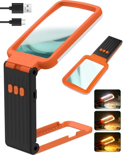 15X Magnifying Glass with Light and Stand, Rechargeable Folding Handheld Real Glass Magnifier, 3 Color Modes Dimmable Lighted Page Magnifier for Reading Small Prints, Seniors with Macular Degeneration - color: Orange-back