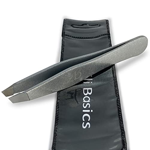 Zizzili Basics Tweezers - Surgical Grade Stainless Steel - Slant Tip for Expert Eyebrow Shaping and Facial Hair Removal - with Bonus Protective Pouch - Best Tweezer for Men and Women - color: Silver