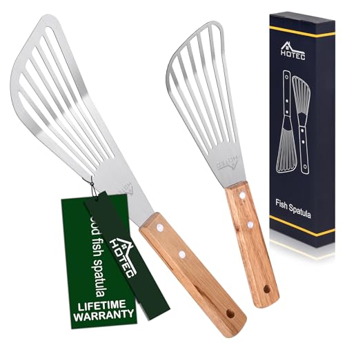HOTEC 2-Pack Stainless Steel Fish Spatula, Wooden Handle