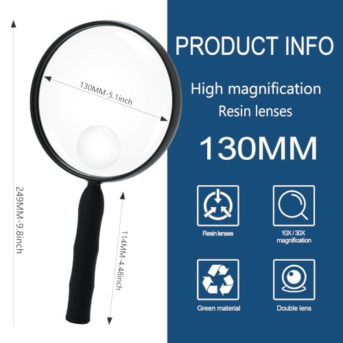 Feosky Handheld Magnifier for Reading,10X Magnifying Glass,130mm(Black) - size: 130mm