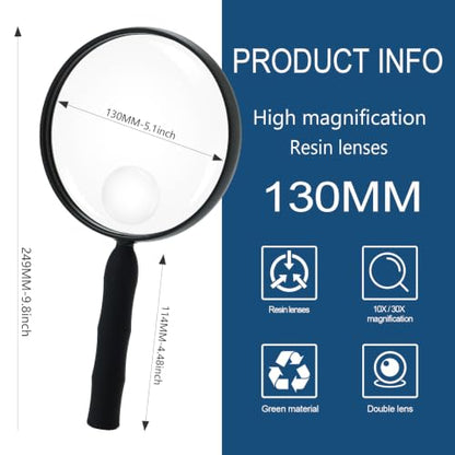 Feosky Handheld Magnifier for Reading,10X Magnifying Glass,130mm(Black) - size: 130mm