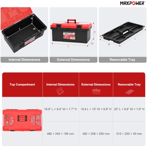 MAXPOWER 19-inch Plastic Tool Box, Handheld, Removable Tray, Lockable - color: Red, size: 19"