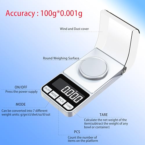 Rechargeable High Precision Digital Milligram Scale 100g/0.001g Jewelry Scale, Gram Scale, Pocket Scale, Food Scale for Powder Medicine, Gold, Gem, Reloading, with 50g Calibration Weigh