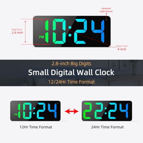 LED Digital Wall Clock with Large Display, Big Digits, Auto-Dimming, 12/24Hr Format, Modern Electric Small Silent Wall Clock for Living Room, Bedroom, Classroom, Farmhouse, Kitchen, Office - RGB - color: Rgb