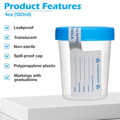 240 Pcs 4 oz Disposable Specimen Cups for Urine Fecal Testing with Leakproof Screw Lids Labels Blue Lids