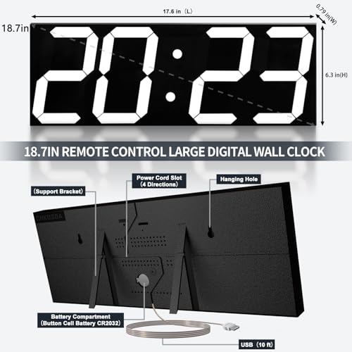 CHKOSDA 18.7in Large Digital Wall Clock,LED Digital Clock with Big Number,Multi-Function Remote Controlled Wall Clock with Timer, Alarm and Calendar Display(White) - color: White