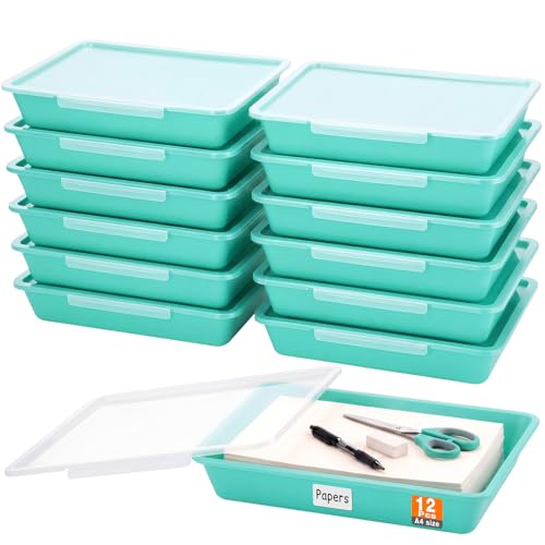 Tinlade 12 Pcs Classroom Paper Storage Bins with Lids, Teal, 13x10in - color: Teal